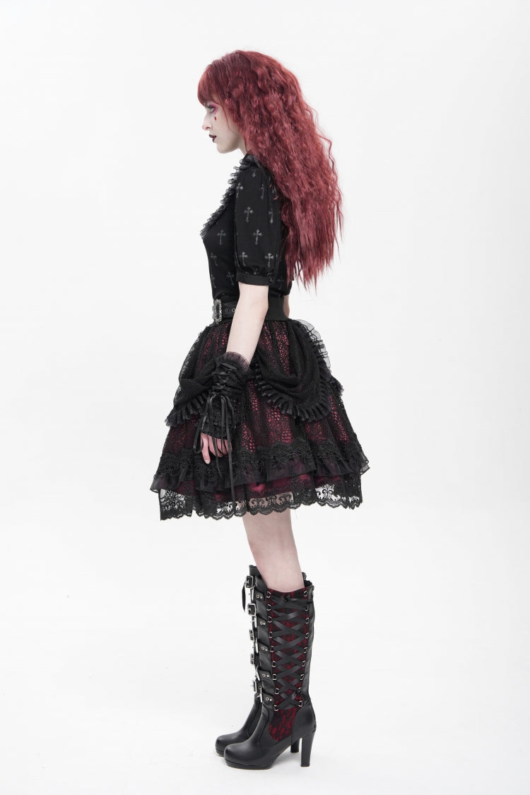 Black/Red Multi-Layered Ruffle Buckle Straps Women's Gothic Skirt