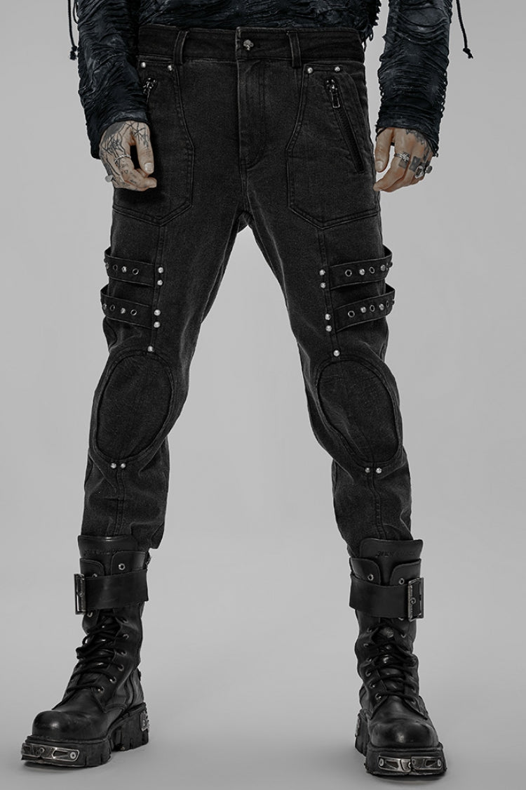 Black Skull Buckles Stitching Metal Nails Men's Steampunk Pants