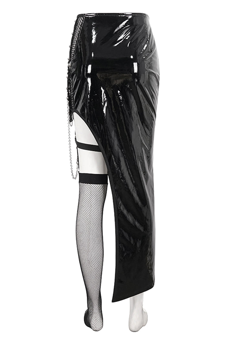 Black Irregular Patent Leather Women's Punk Skirt With Mesh Stocking