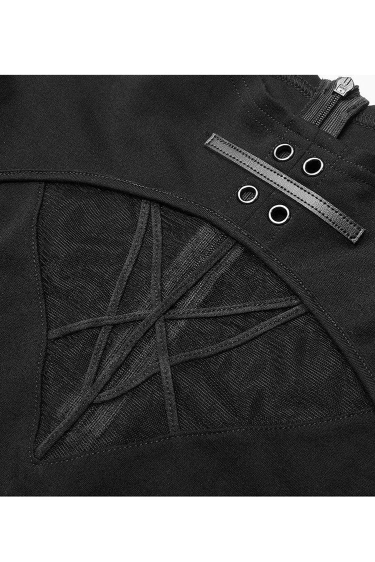 Black Gothic Stretch Knitted Fabric Spliced Geometric Mesh Design Women's Long Sleeve T-Shirt
