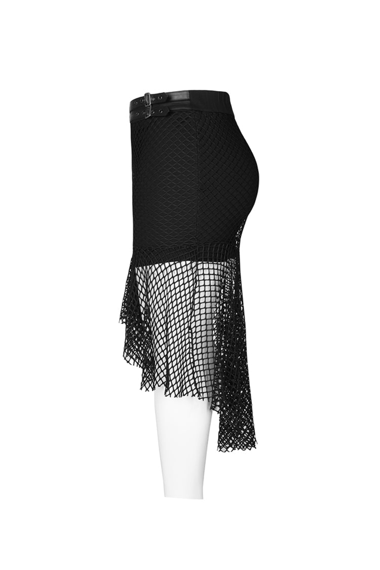 Black Side Leather Clasp Splice Rough Mesh Irregular Hem Plus Size Knit Women's Punk Fishtail Skirt