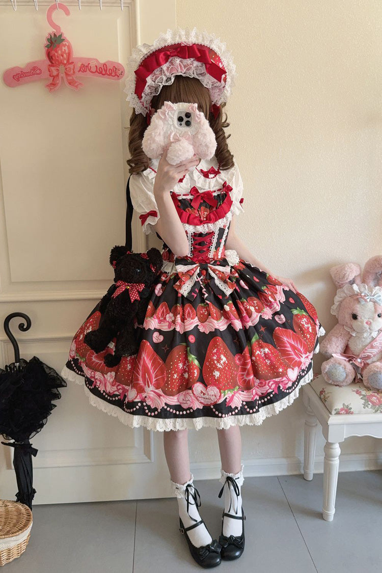 [Süße Beeren Geschichte] Erdbeerprint Rüschen Schleife Spitze Süßes Lolita Jsk Kleid 4 Farben 