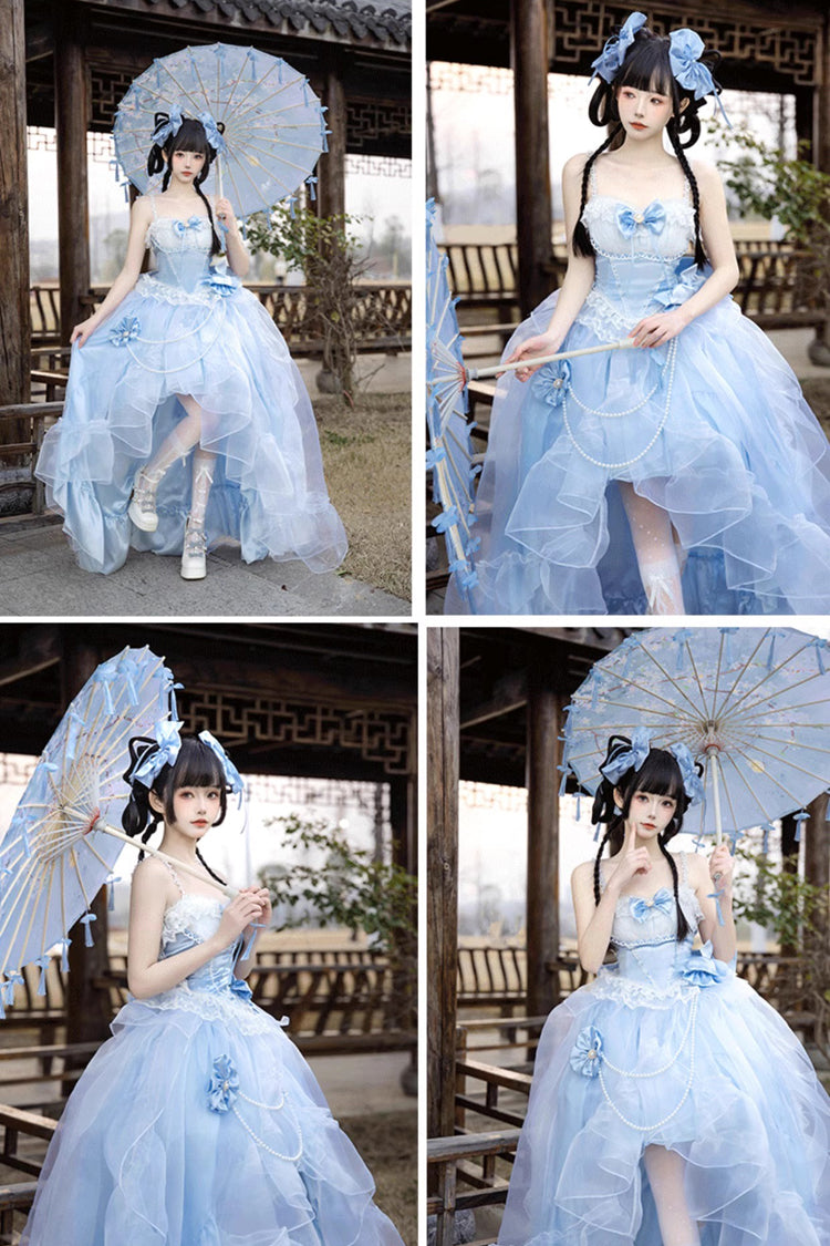 Blue Sleeveless Ruffle Hanayome Bowknot Lace Sweet Plus Size Lolita Jsk Dress 2 Versions