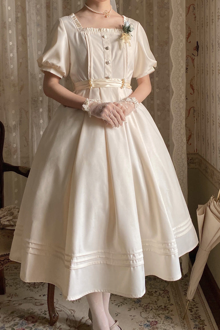 Apricot [Random Thoughts] Square Collar Short Sleeves Ruffle Classic Vintage Elegant Lolita Dress