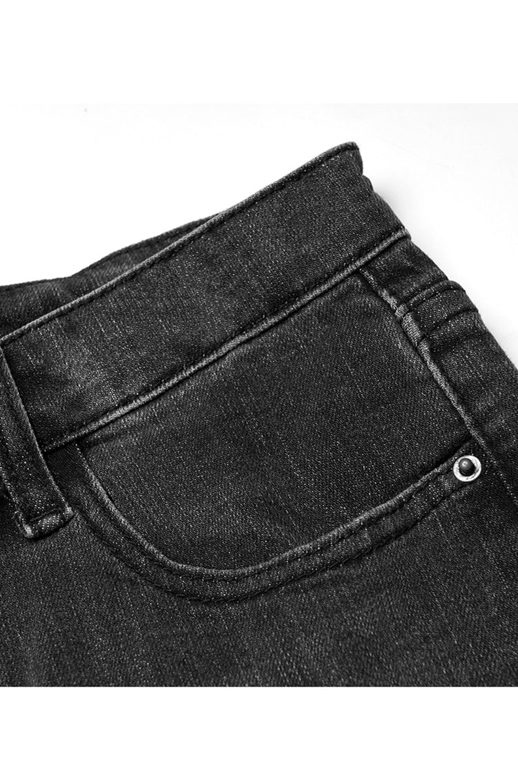 Black Tight Elastic Distressed Denim Asymmetrical Placket Medium Waist Women's Punk Flared Pants