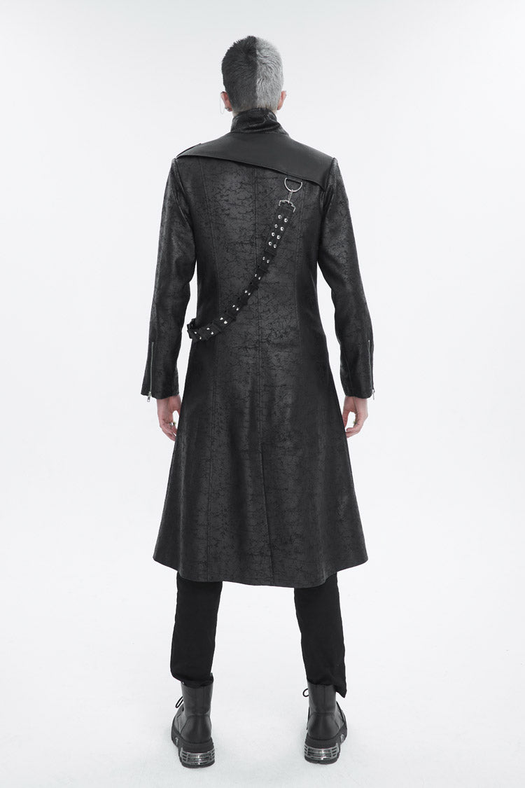 Black Stand Collar With Strap Split At The Hem Long Men's Gothic Coat