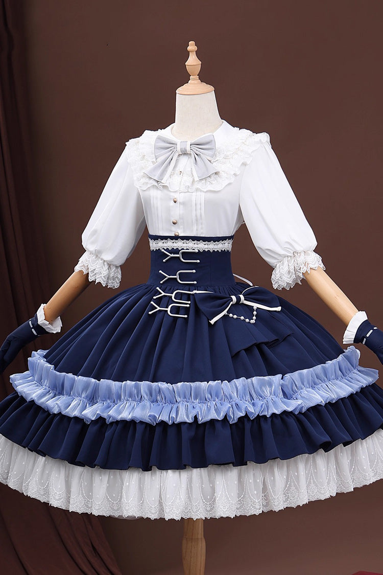 Blue/White Identity V Gardener Cosplay Half Sleeves Ruffle Bowknot Lace Sweet Lolita Skirt Set