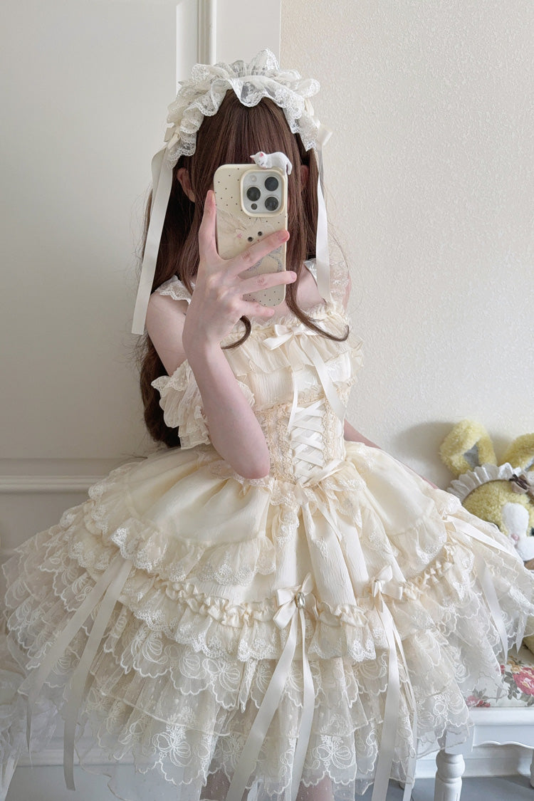 Apricot [Ribbon Heart Love] Sleeveless Multi-Layered Ruffle Bowknot Lace Lace-Up Sweet Princess Ballet Lolita Jsk Dress