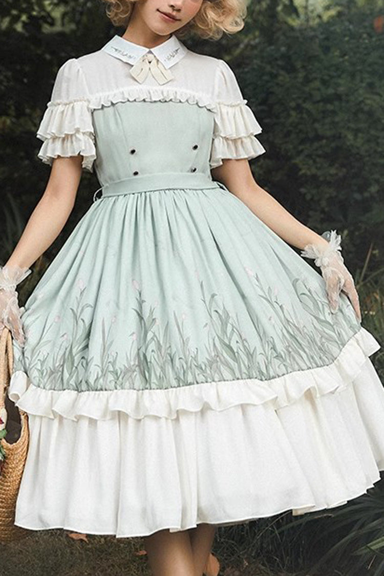 White/Green Lapel Collar Wizard Of Oz Short Sleeves Ruffle Bowknot Sweet Lolita Dress