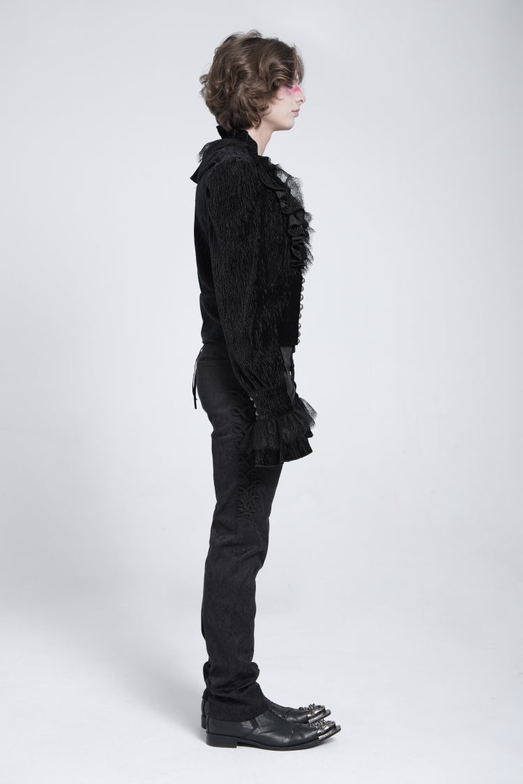 Black V Collar Long Sleeves Ruffle Stitching Lace Men's Gothic Blouse
