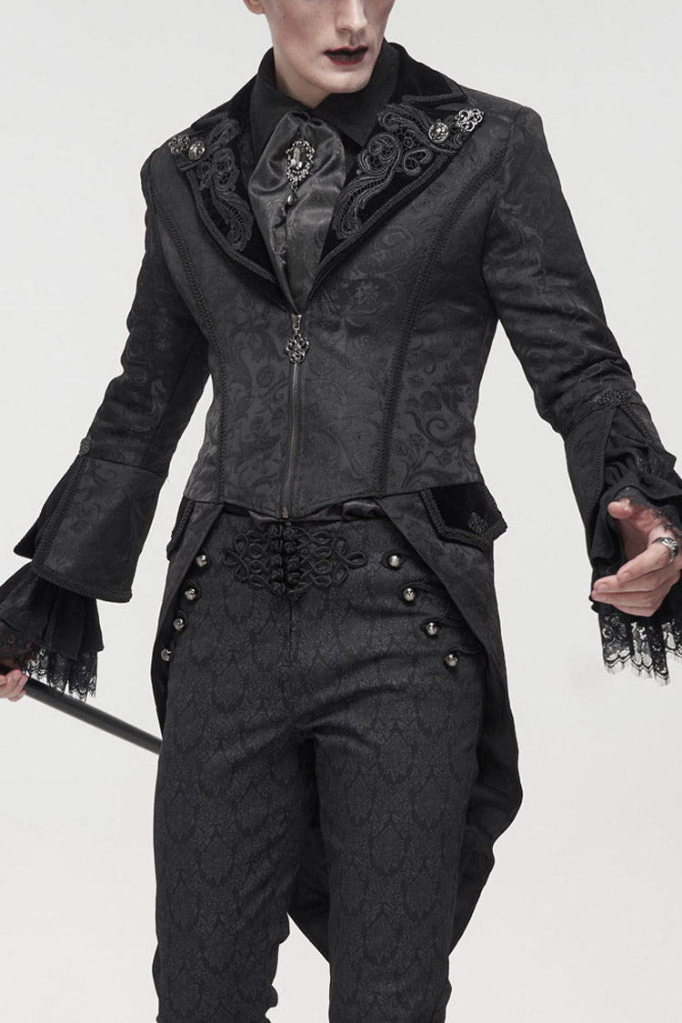Black Gothic Embroidered Print Pattern Metal Pattern Buckle Decoration Trumpet Sleeve Men's Swallowtail Coat