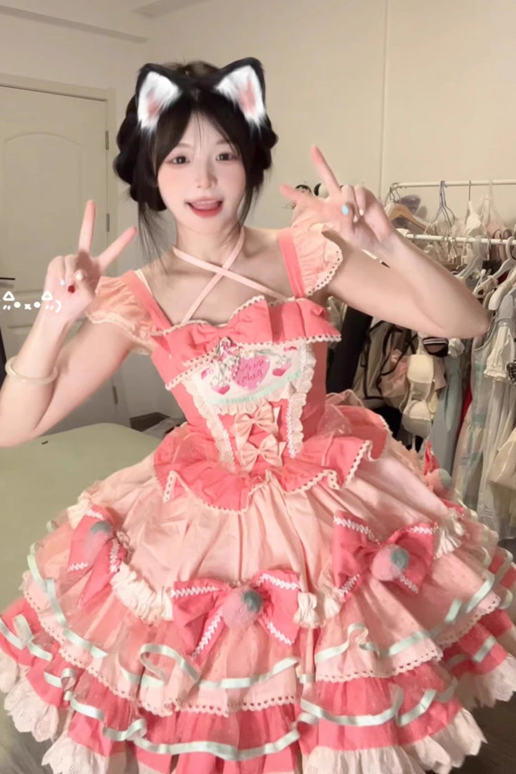 Pink Multi-Layered [Cream Strawberries] Print Ruffle Bowknot Sweet Lolita Tiered Dress