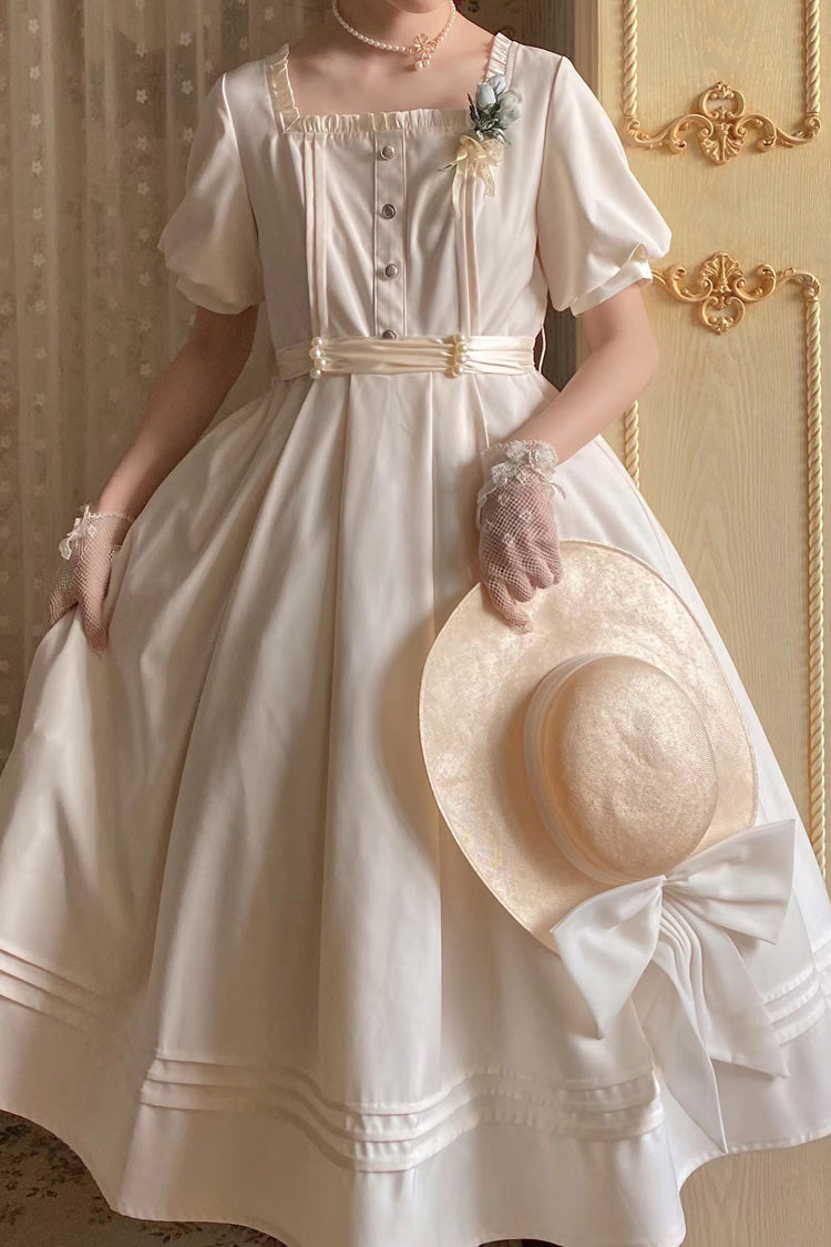 Apricot [Random Thoughts] Square Collar Short Sleeves Ruffle Classic Vintage Elegant Lolita Dress