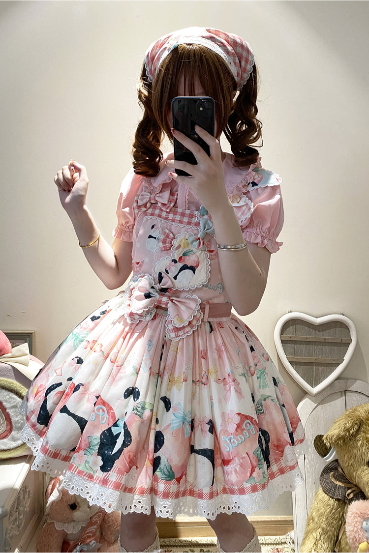 Panda Peach Print Bowknot Sweet Lolita Strap Dress 3 Colors