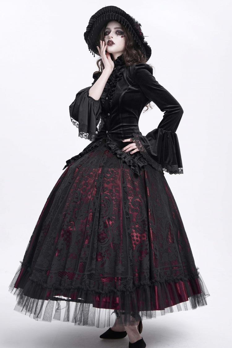 Black Stand Collar Long Trumpet Sleeves Ruffle Swallow-tailed Women's Gothic Blouse