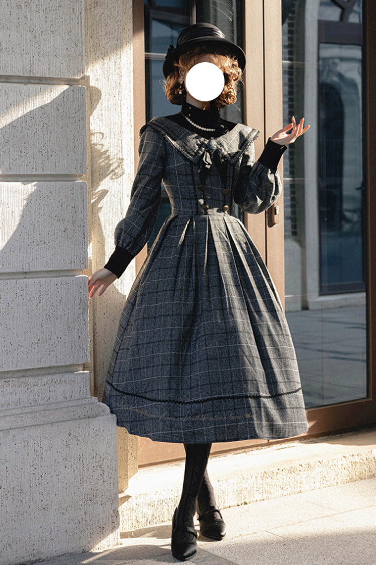 Grey [Fontainebleau] Long Sleeves Plaid Print Bowknot Elegant Sweet Lolita Dress
