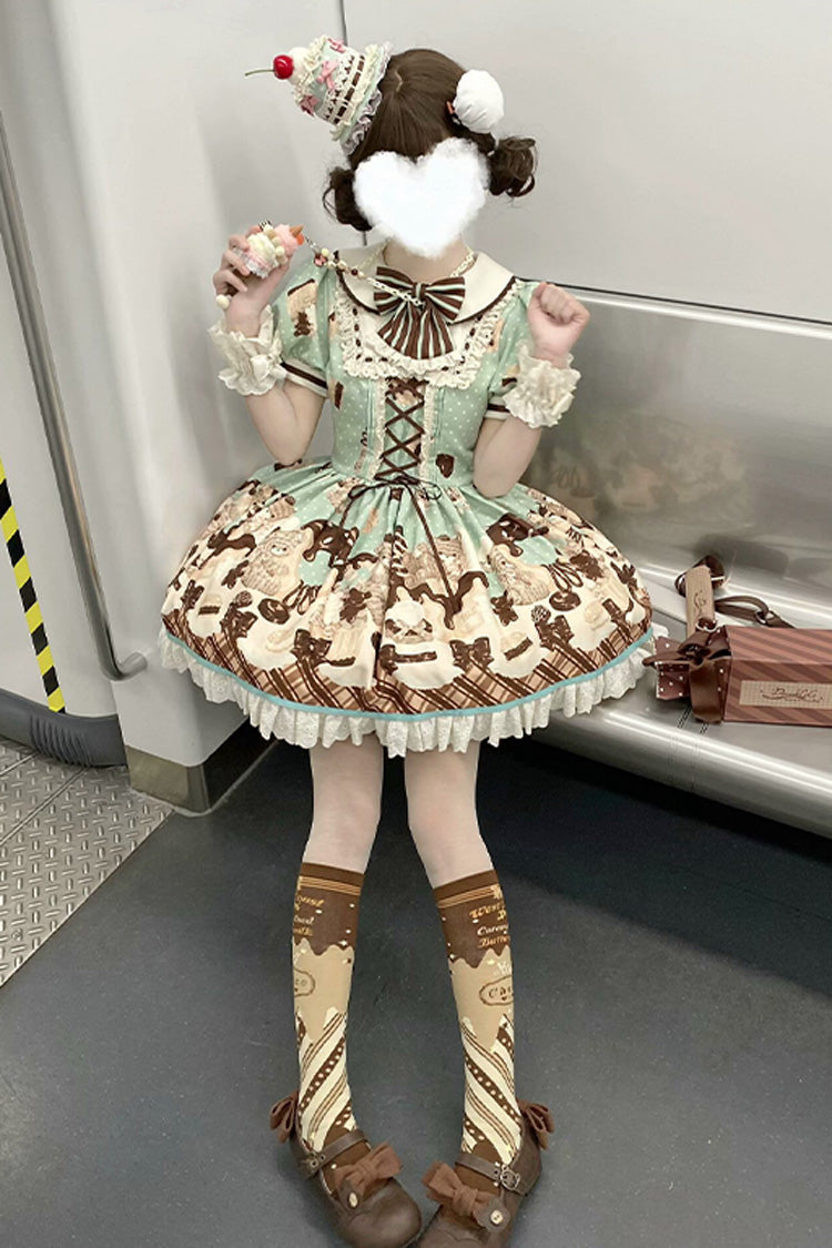 Brown [Peppermint Chocolate] Chocolate Cake Bear Print Ruffle Bowknot Lace-Up Sweet Lolita Dress