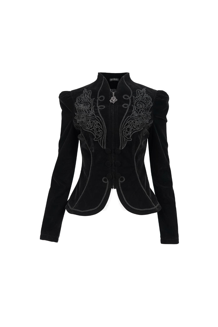 Black Stand Collar Velvet Appliqu On Chest Pendant Zipper Autumn And Winter Short Long Sleeve Women's Gothic Jacket