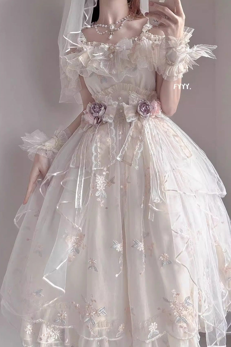 Ivory Short Sleeves Multi-layer Hanayome Bowknot Princess Gorgeous Sweet Lolita Strapless Dress Set