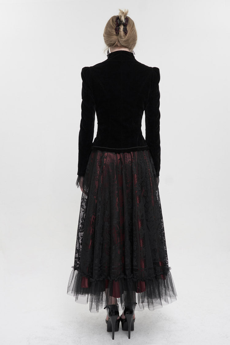 Black Stand Collar Velvet Appliqu On Chest Pendant Zipper Autumn And Winter Short Long Sleeve Women's Gothic Jacket