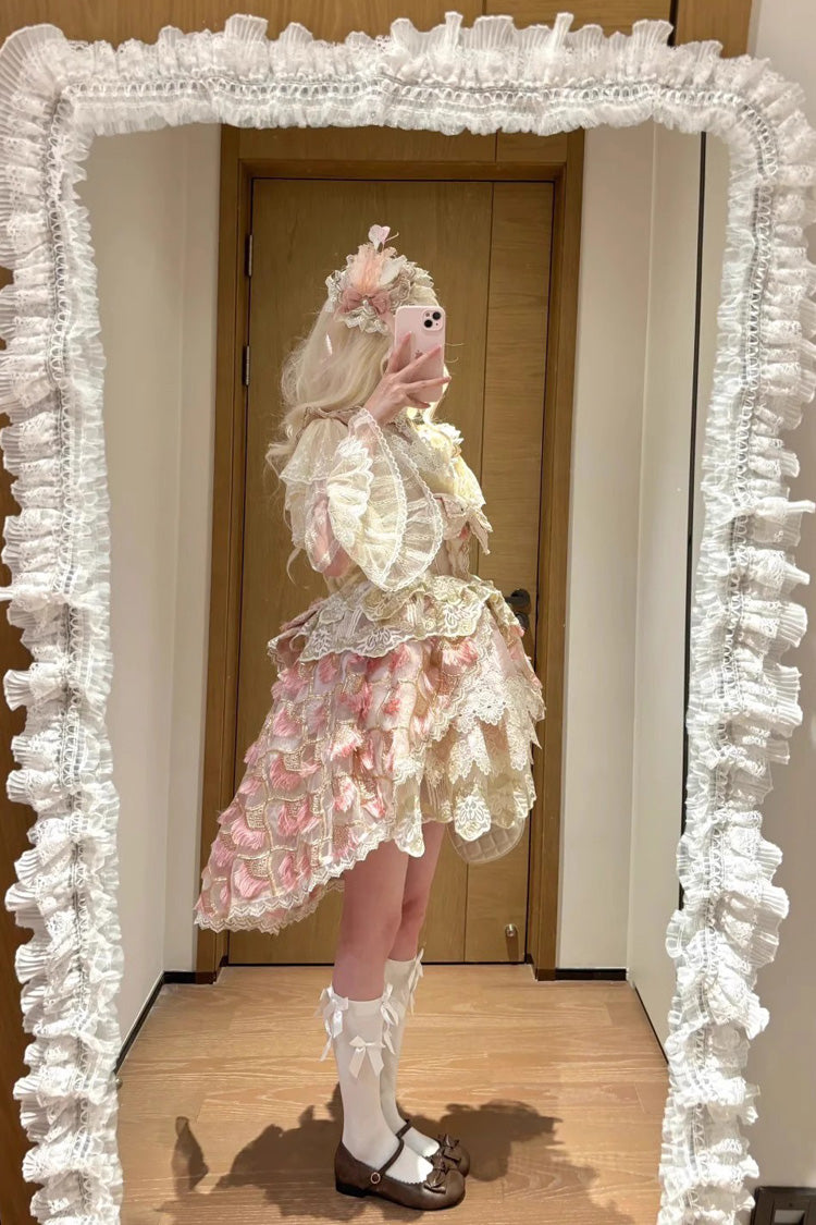 Pink [Peacock Feather] Multi-Layered Ruffle Hanayome Cardigan Bowknot Lace Sweet Lolita Jsk Dress Set