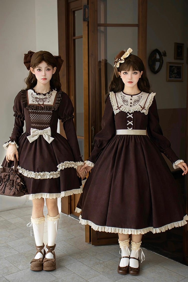 Brown [Miss Brown] Long Sleeves Double-Layered Ruffle Bouquet Embroidery Bowknot Sweet Lolita Dress (Short Version)