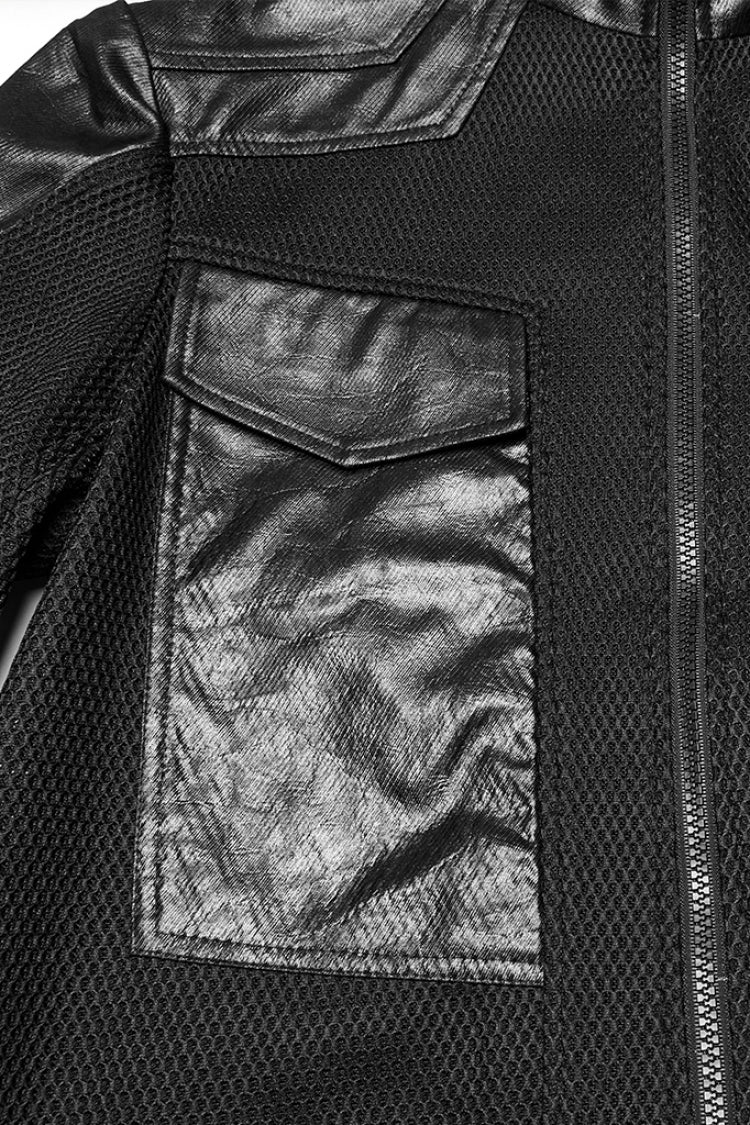 Manteau Punk pour Homme à Col Montant Noir Manches Longues en Similicuir et Maille 