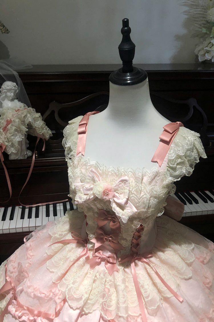 Rosa [Träumender Schmetterling] Mehrschichtiger Jacquard Rüschen Schleifen Spitze Süßes Prinzessin Lolita Jsk Kleid 