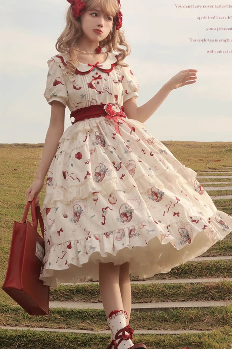 White Apple Tea Print Short Sleeves Country Style Ruffle Bowknot Sweet Lolita Dress