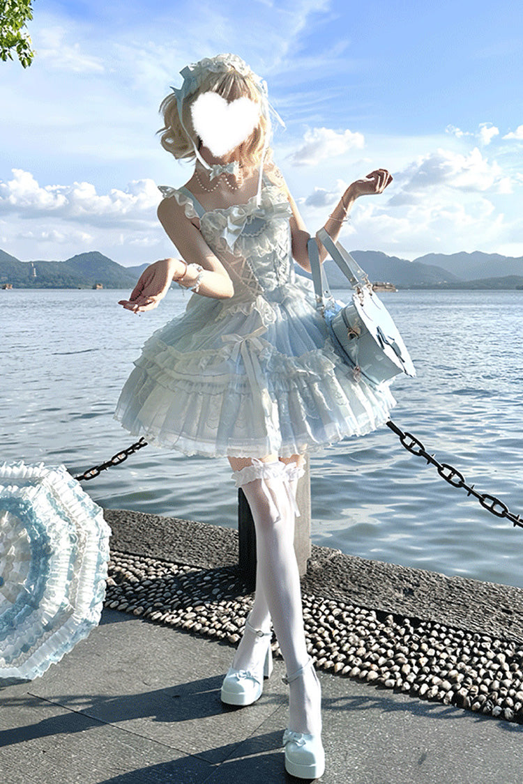 Blue [Candy House] Sleeveless Ruffle Bowknot Lace Lace-Up Sweet Lolita Jsk Dress