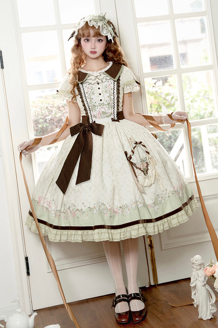 Robe Lolita Douce Élégante Verte/Ivoire [Lily] à Manches Courtes avec Imprimé, Volants, Broderie, Nœud Papillon et Dentelle 