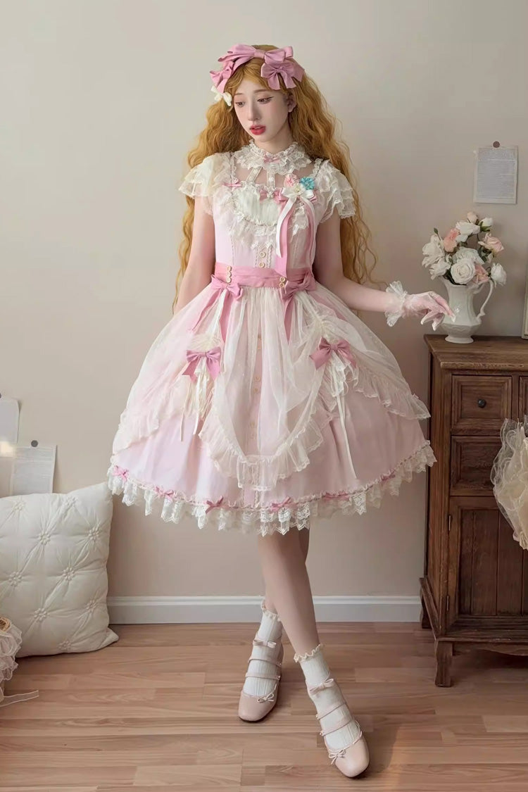 Pink [Sakura’s Spring Resonance] Sleeveless Ruffled Bow Sweet Lolita Jsk Dress (Short Version)