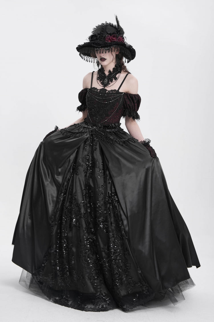 Robe gothique pour femme en dentelle avec cardigan jacquard à manches courtes et épaules dénudées noire 
