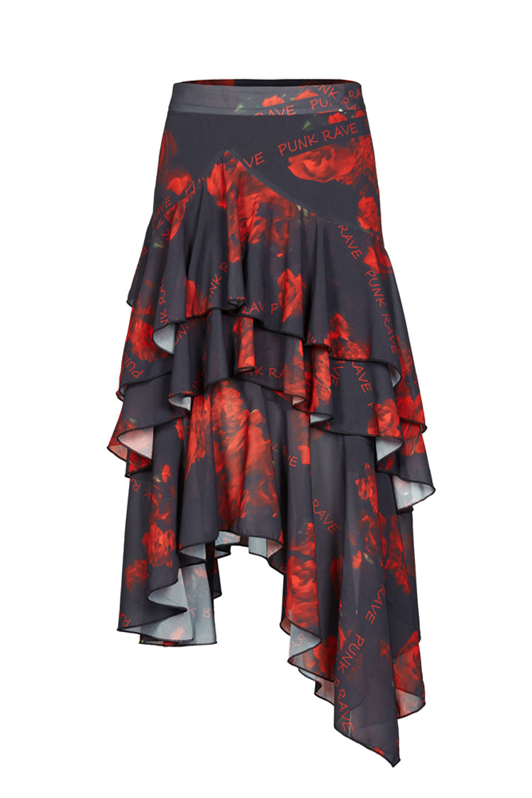 Black/Red Layered Irregular Skirt Pattern Printing Decoration High Waist Chiffon Women's Punk Skirt
