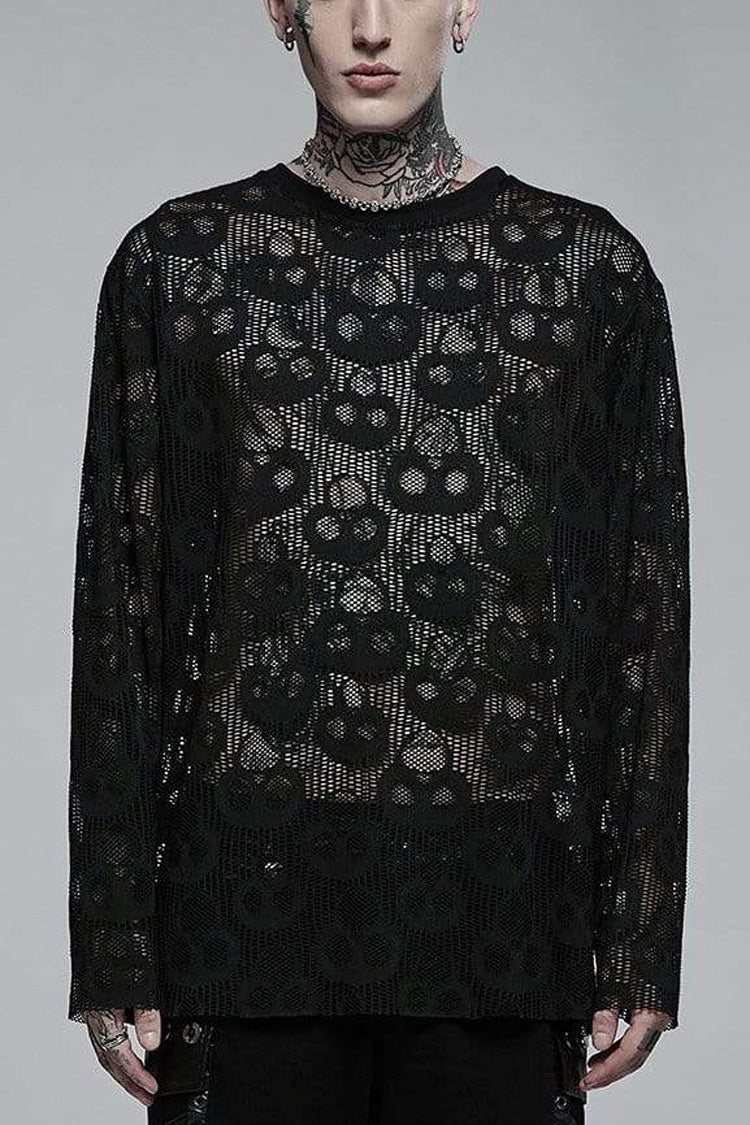 Black Long Sleeves Skull Print Lace Sheer Mesh Men's Steampunk T-Shirt