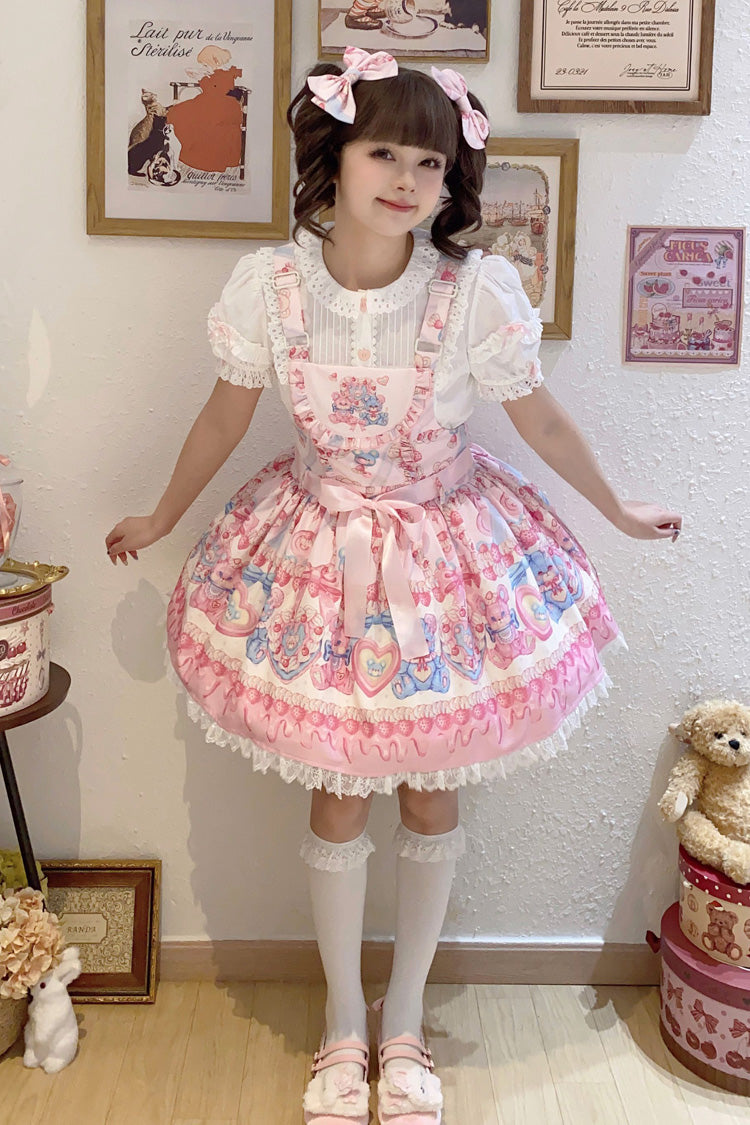 Milky Berry Bear Print Pink Bowknot Stitching Lace Sweet Lolita Strap Dress