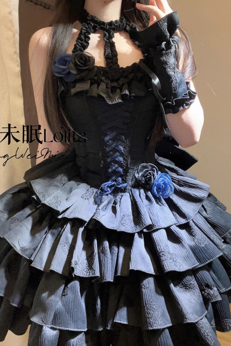 [Sunset Venus] Halterneck Sleeveless Multi-Layered Ruffle Bowknot Lace Fishbone Sweet Lolita Dress 2 Colors