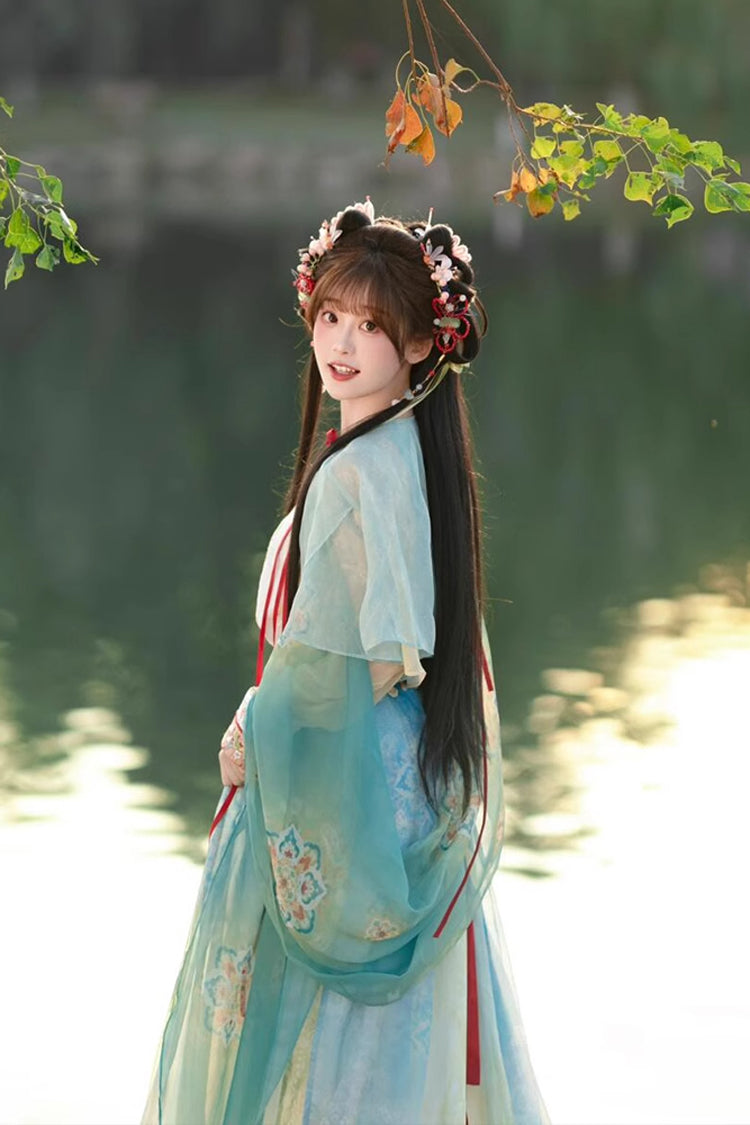 Multi-Color High Waisted Jacquard Print Slim Women's Sweet Hanfu Dress Full Set