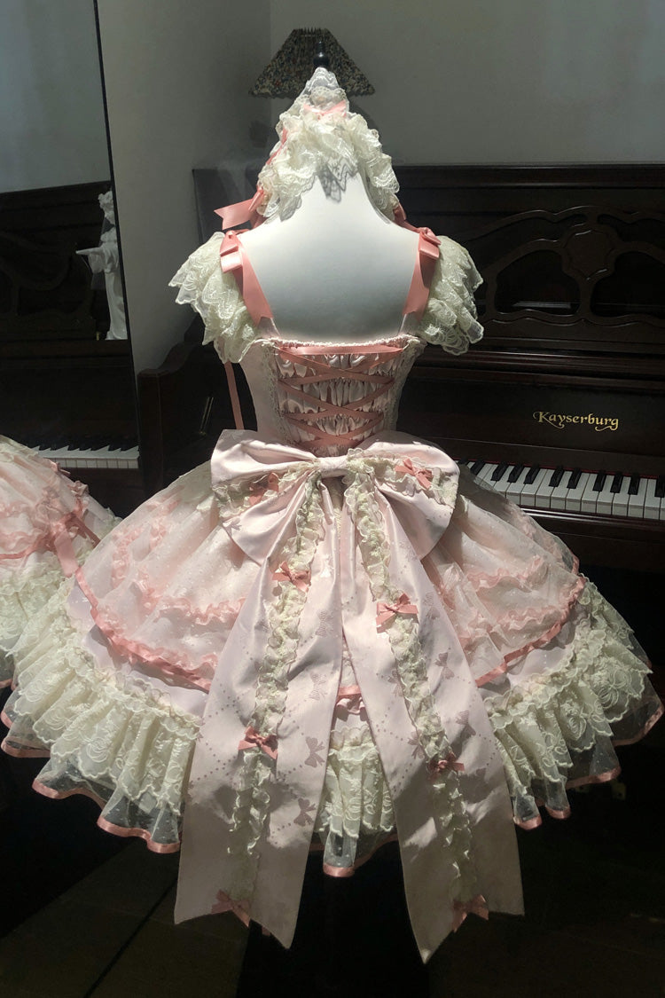Rosa [Träumender Schmetterling] Mehrschichtiger Jacquard Rüschen Schleifen Spitze Süßes Prinzessin Lolita Jsk Kleid 