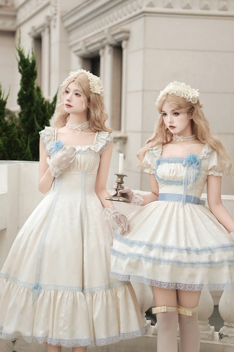 Ivory [Sea Salt Iced Tea] Square Collar Short Sleeves Ruffle Fishbone Sweet Lolita Short Dress