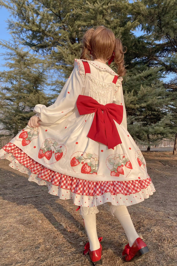 White Strawberry Print Ruffle Bowknot Sweet Lolita Dress Set