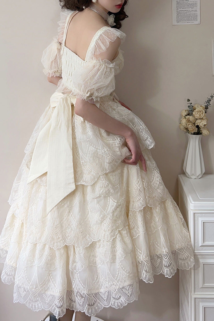 Ivory [Tidal] Triple-Layered Ruffle Bowknot Sweet Lolita Skirt 2 Versions