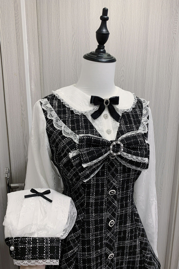 Schwarz/Weiß [Love Sonata] Langarm Rüsche Schleifenknoten Spitze Jirai Kei Japanisches Kleid Set 