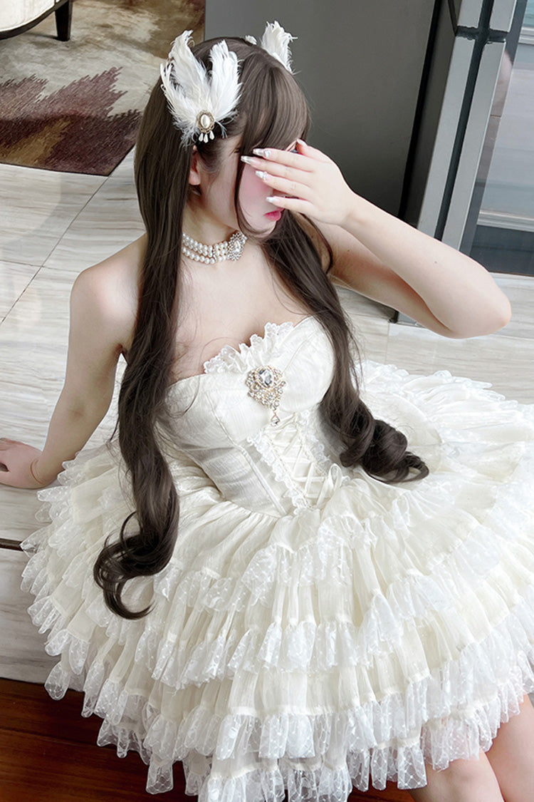 Beige [Heartbeat at First Sight] Off Shoulder Sleeveless Multi-Layered Ruffle Bowknot Lace Lace-Up Sweet Princess Gorgeous Lolita Dress
