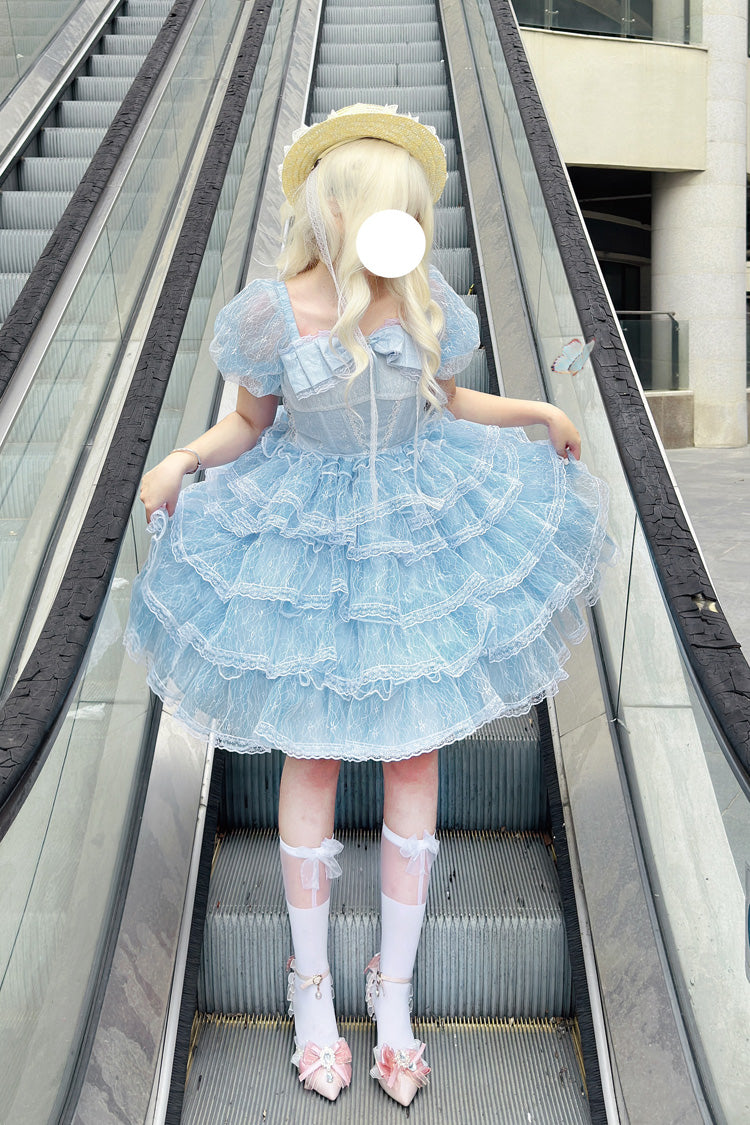 Blue Short Sleeves Multi-Layered Ruffle Hanayome Bowknot Lace Plus Size Sweet Lolita Dress