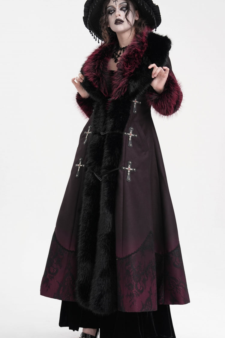 Black/Red Cross Long Sleeves Lace Women's Gothic Long Coat