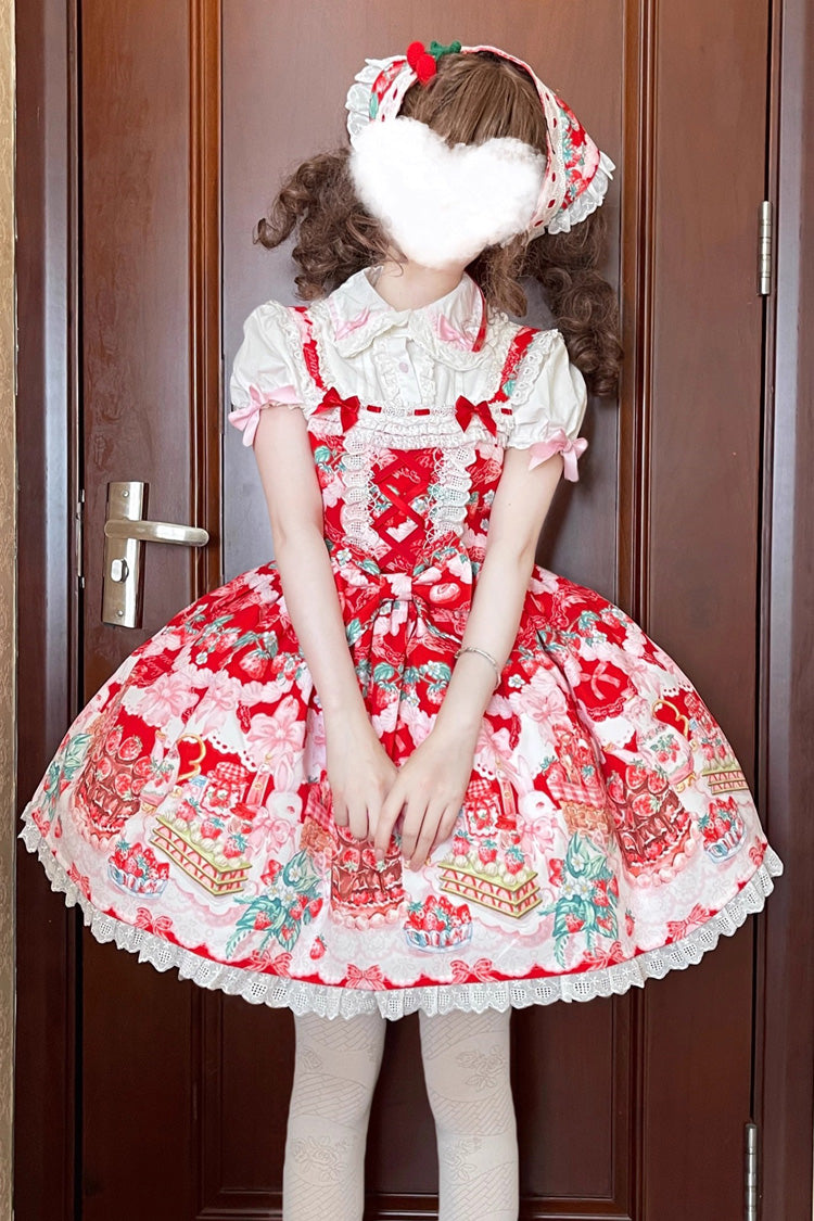 Red [Strawberry Cocoa Jam] Sleeveless Print Ruffle Bowknot Lace Sweet Lolita Jsk Dress