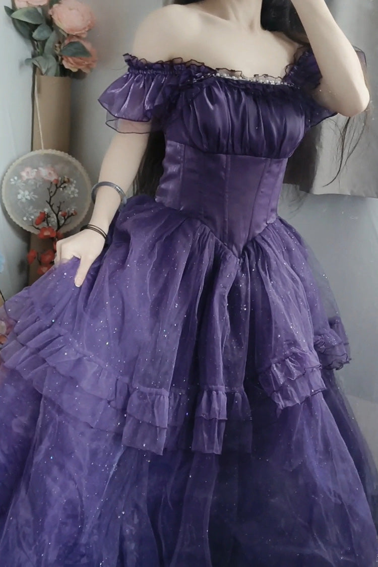 Purple [Bright Stars] Off Shoulder Ruffle Bowknot Asymmetric Sweet Elegant Princess Lolita Dress