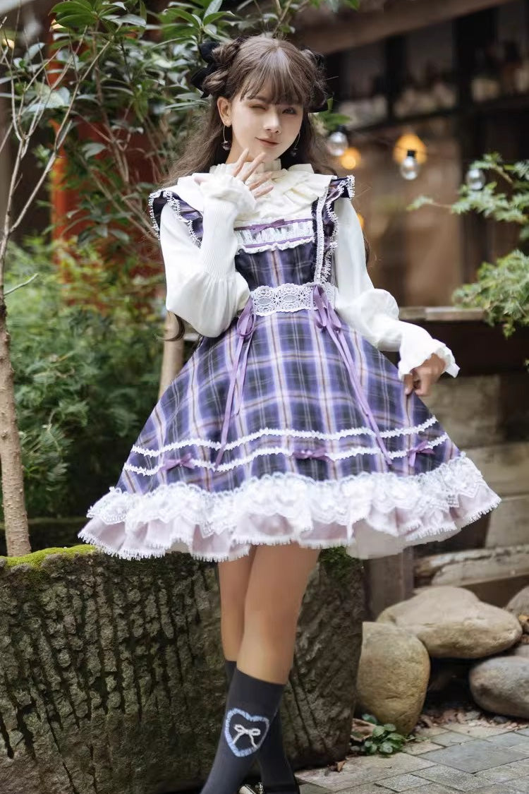 Black/Purple [Endless Summer] High Waisted Printed Ruffled Bow Lace Sweet Princess Lolita Jsk Dress 2 Versions