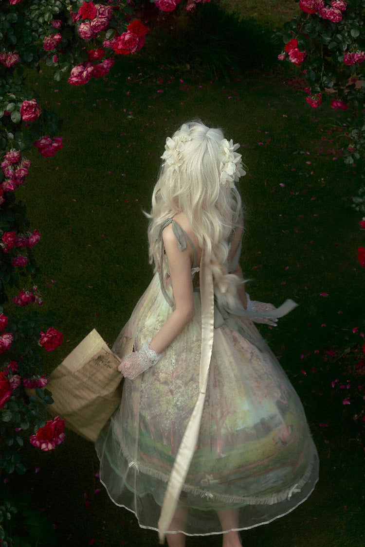 Green [Oil Painting – Spring] Sleeveless Print Ruffle Bowknot Lace Sweet Lolita Jsk Dress